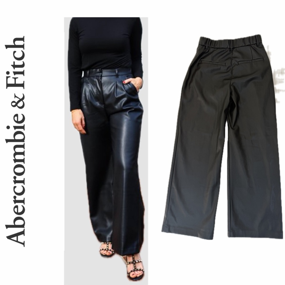 Abercrombie & Fitch Tailored Pants Vegan Leather Black Wide-Leg Sz S Biker Rock - Picture 1 of 15